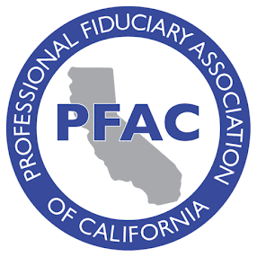 Professional Fiduciary Association of California logo with state map and initials.